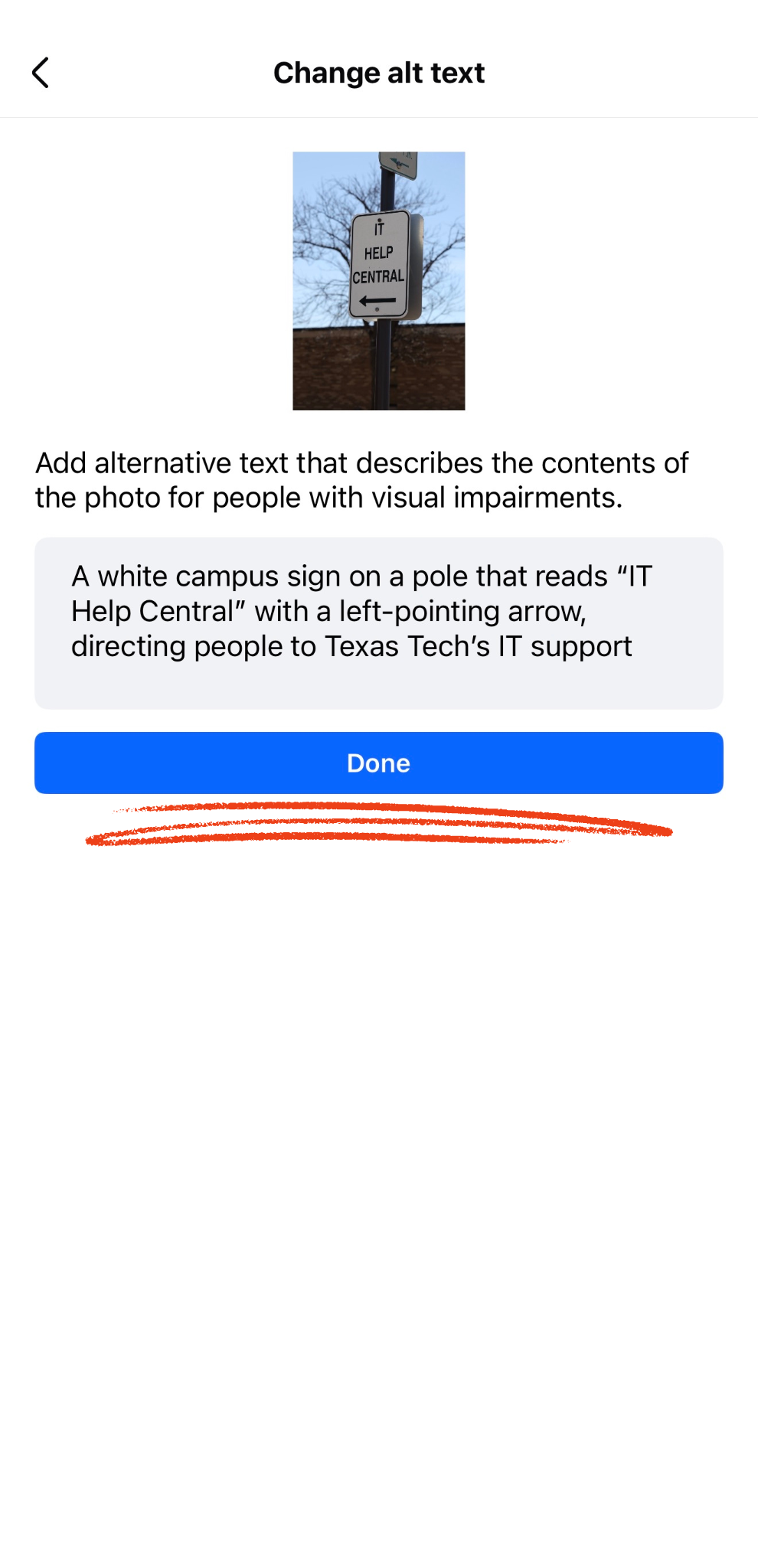 Facebook Edit Alt Text screen showing a text input field with a character counter and a Save button.