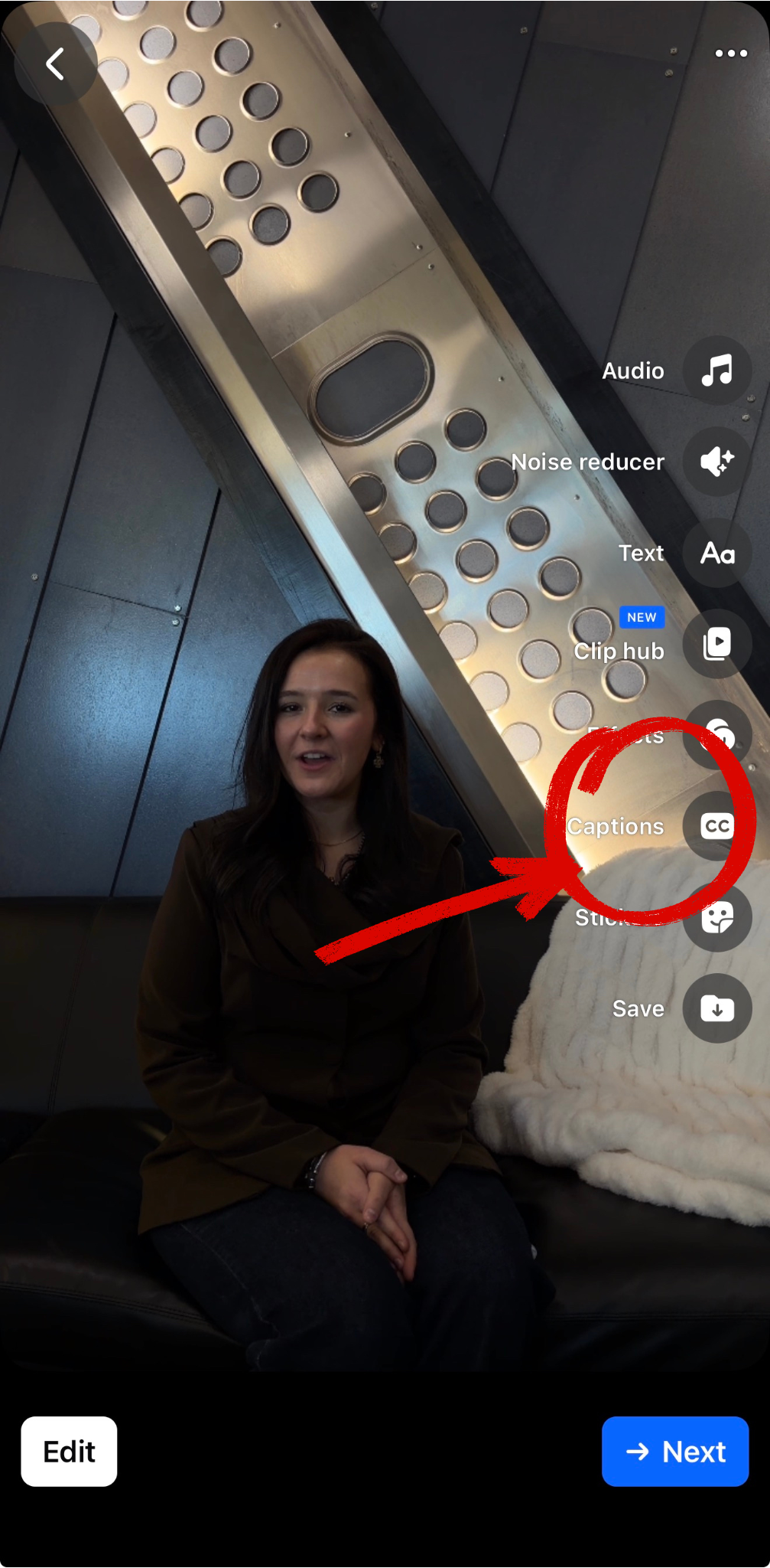 Facebook Reel editing screen. On the right side toolbar the CC Captions icon is highlighted with a yellow arrow.