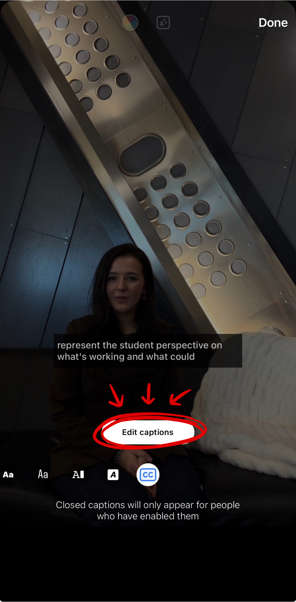 Facebook video captions review screen showing caption text lines with edit options and a Done button.