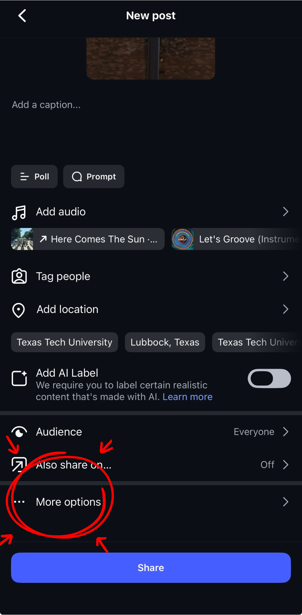Instagram New Post screen. At the bottom of the screen the More options row is highlighted in yellow.