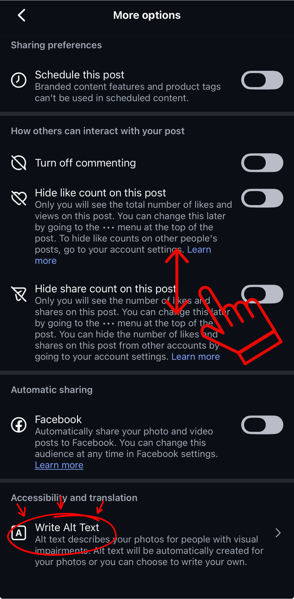 Instagram More Options screen. Under the Accessibility and translation section, Write Alt Text is listed with a yellow highlight.