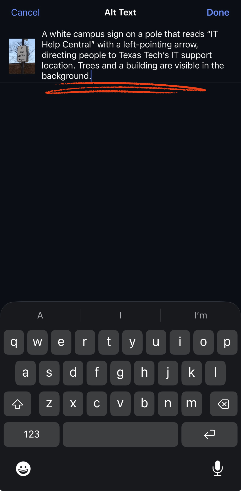 Instagram Write Alt Text screen showing a text field labeled Image description with a 0 of 1000 character counter.