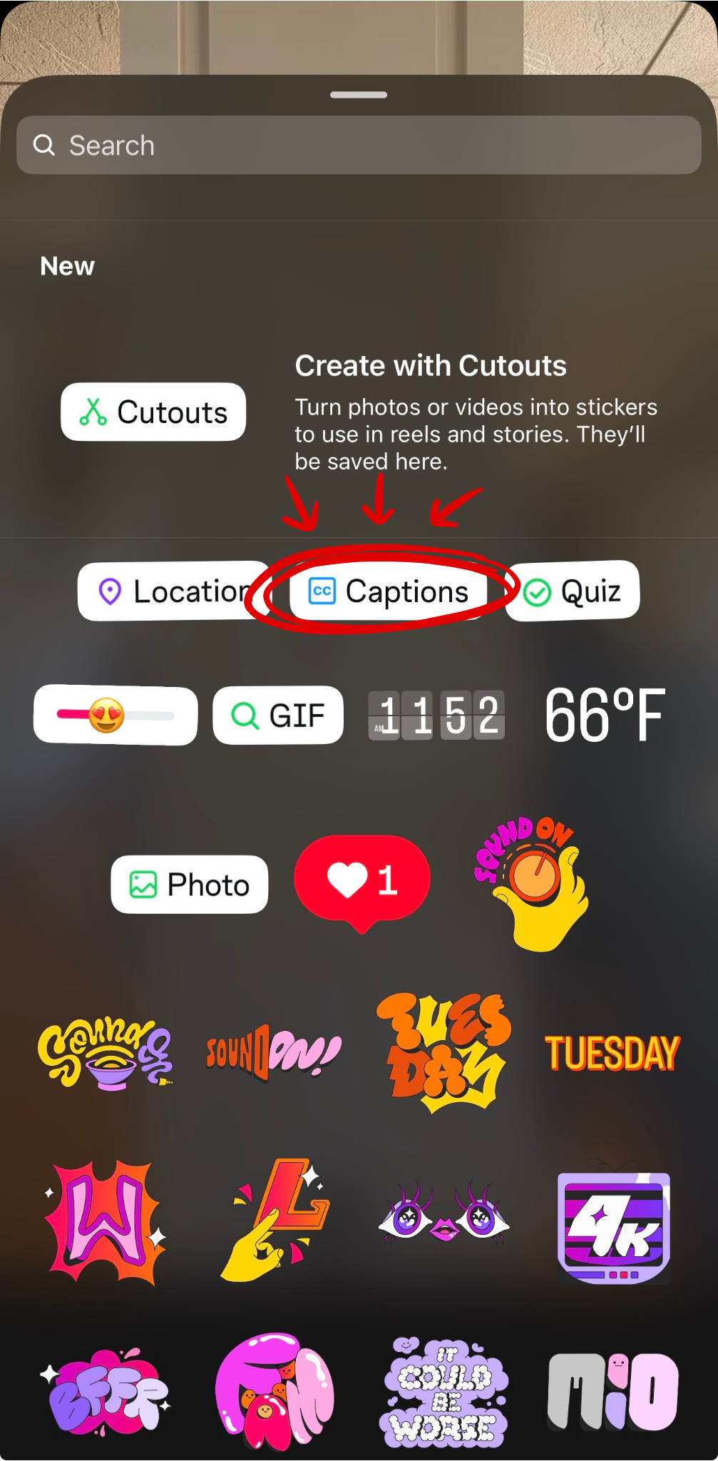 Instagram sticker picker menu. At the top row the Captions sticker button is highlighted in yellow.