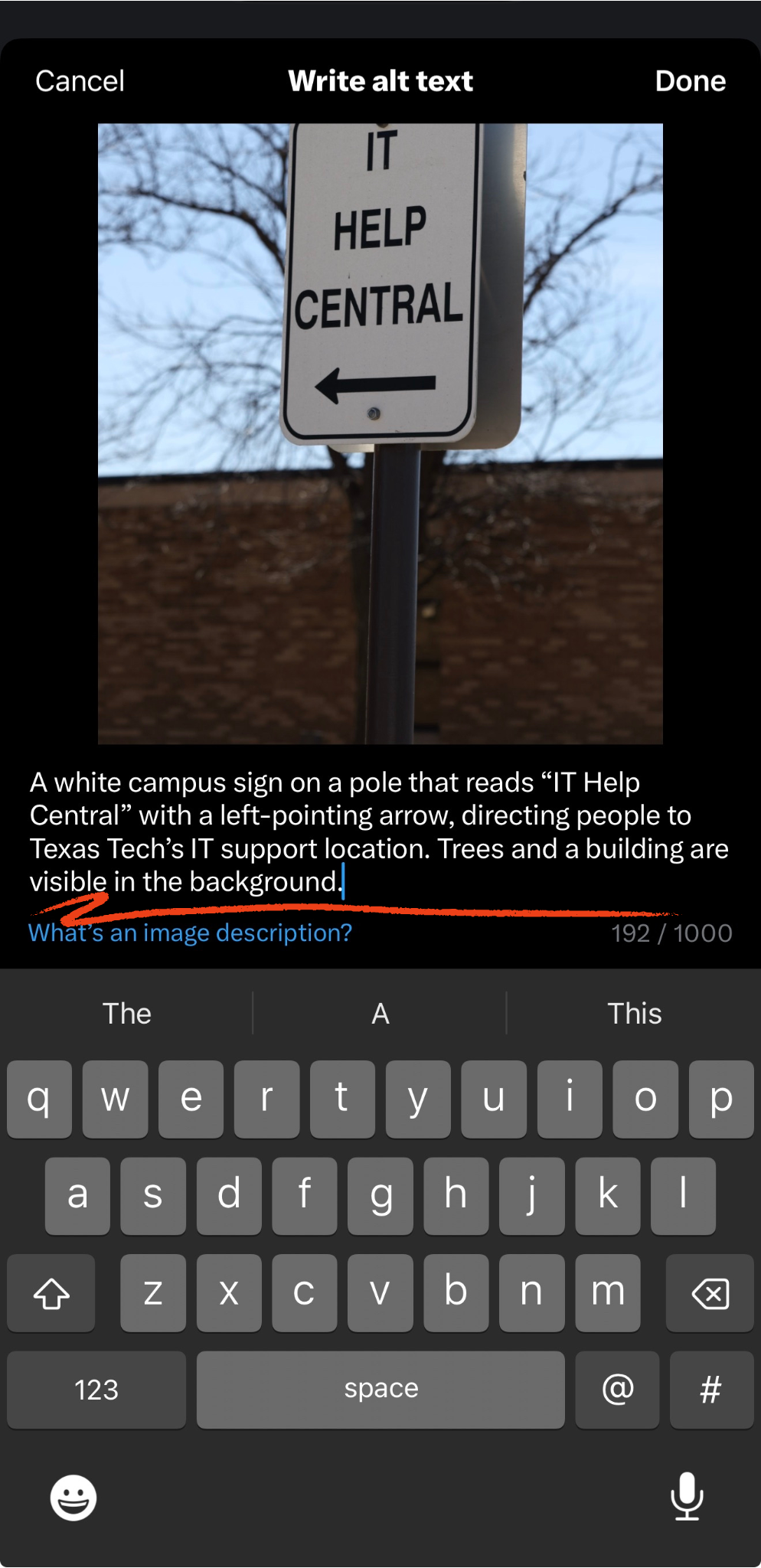 X Twitter Add descriptions dialog box explaining you can add alt-text to your photos so they are accessible to even more people.
