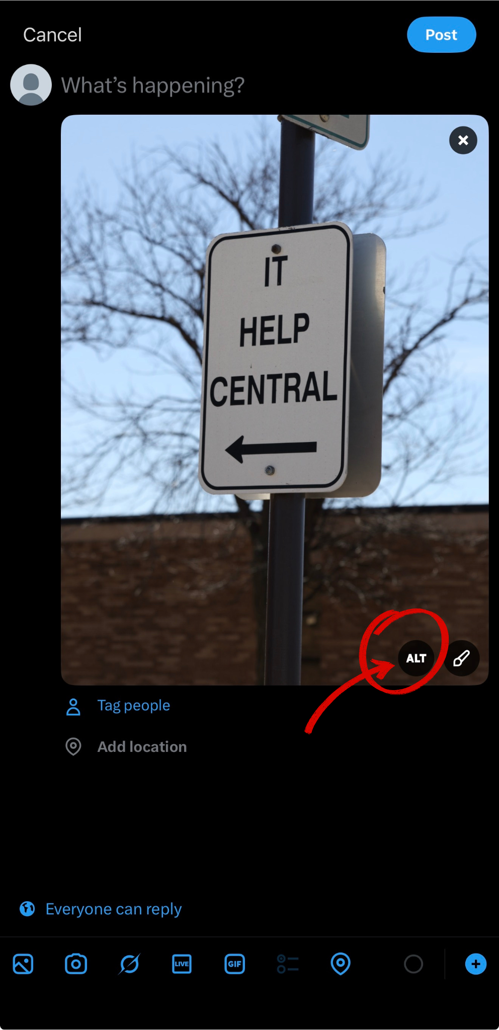X Twitter post with ALT badge confirming alt text has been added to the attached image.