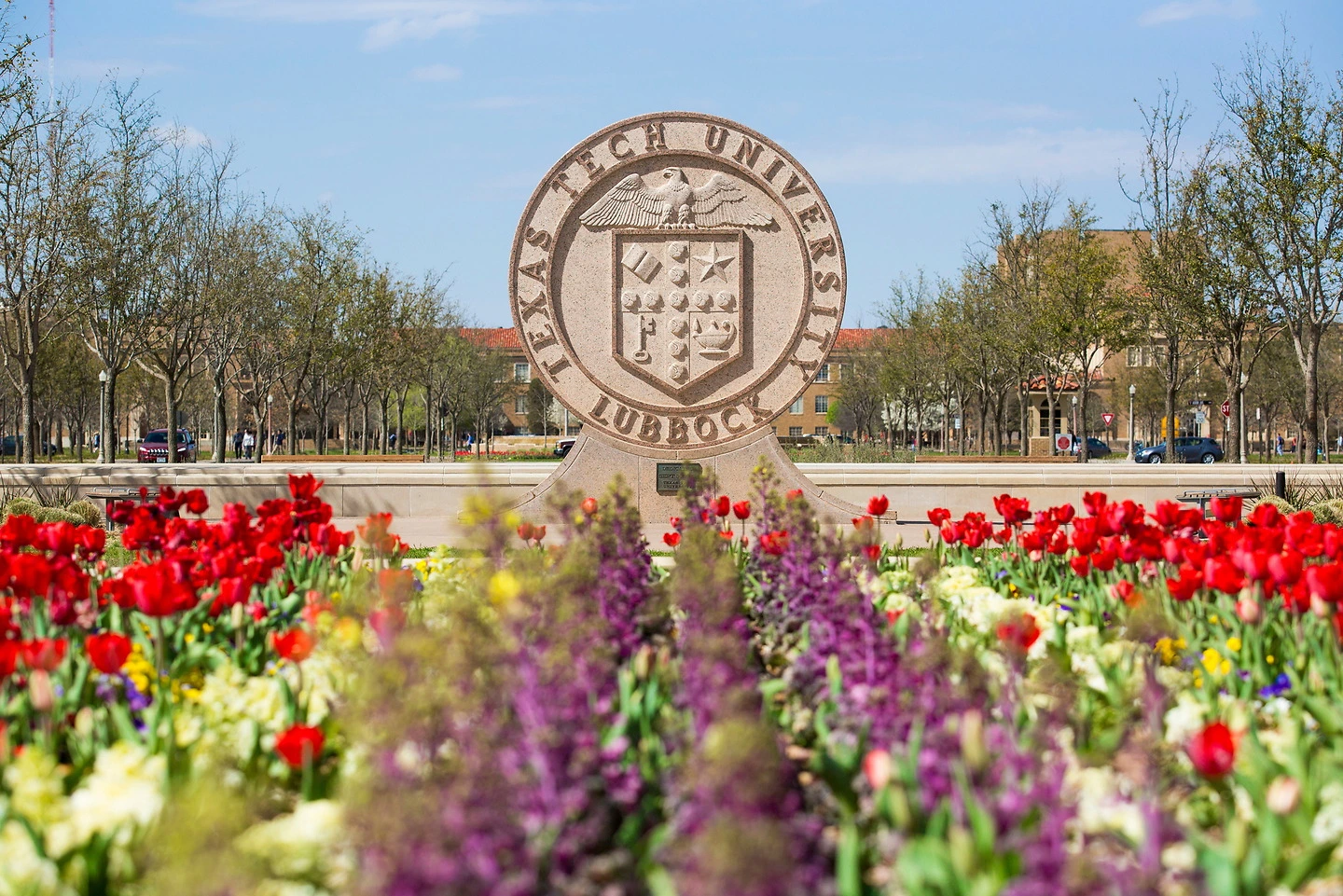 Seal statue with tulips in foreground.