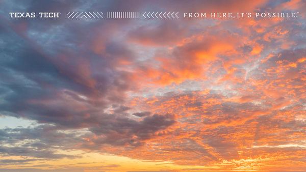 Colorful sunset with the Texas Tech Wordmark and the From Here, It's Possible tagline.