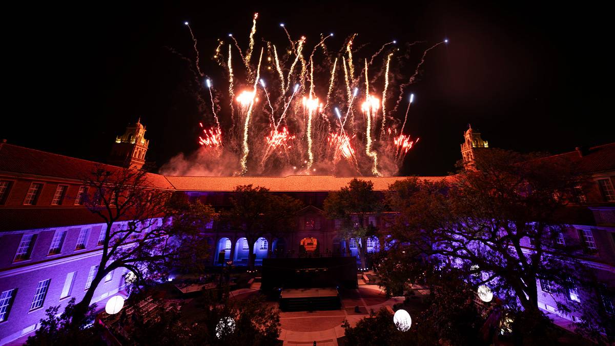 Fireworks above the Texas Tech Administration building.