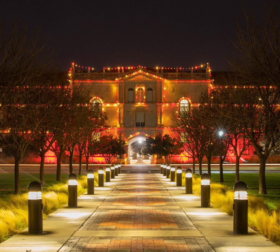 The Texas Tech administration lit with warm-toned lights.