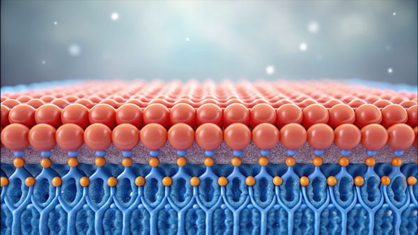 Lipid storage process illustrated by detailed cell membrane model showing lipid bilayer structure and molecular arrangement in vibrant colors