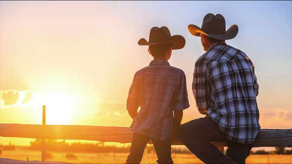 father and son together at ranch fenceline