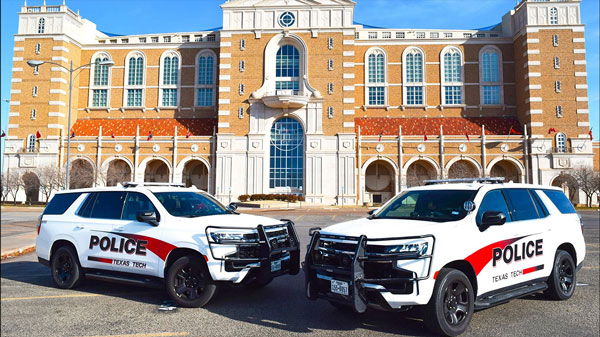 two TTUPD vehicles parked in the stadium lot