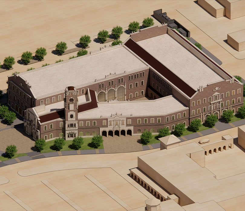 Architectural rendering of the planned Davis College building at Texas Tech University, featuring a central courtyard, tower and landscaped grounds.