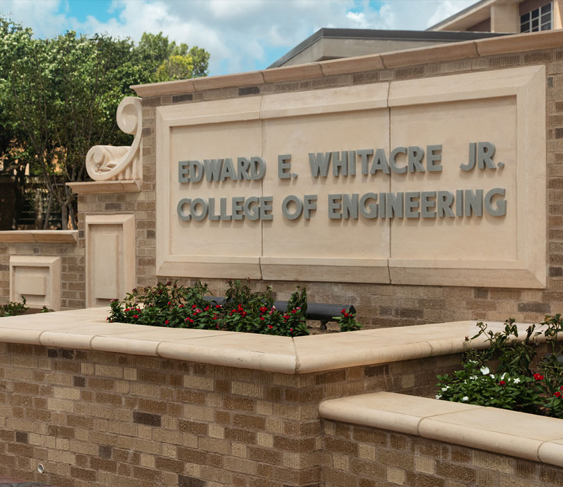 The Edward E. Whitacre Jr. College of Engineering sign stands outside the college’s main entrance on the Texas Tech campus.