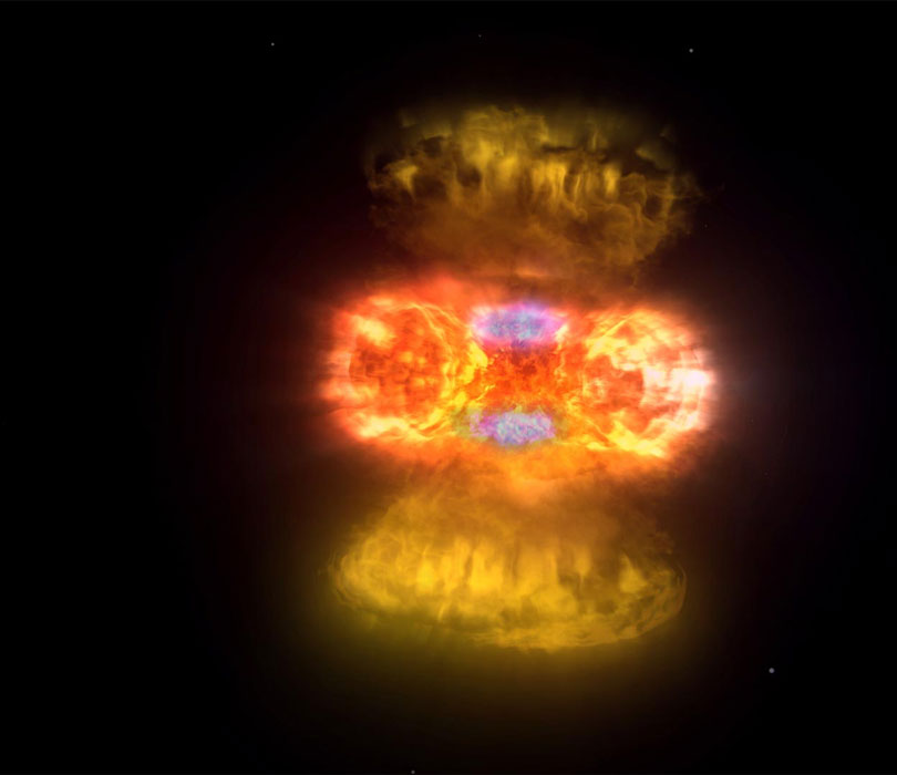 artistic impression of a nova explosion showing multiple ejections traveling in different directions.