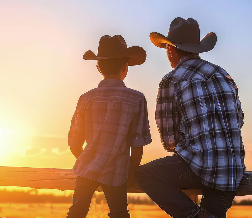 father and son together at ranch fenceline
