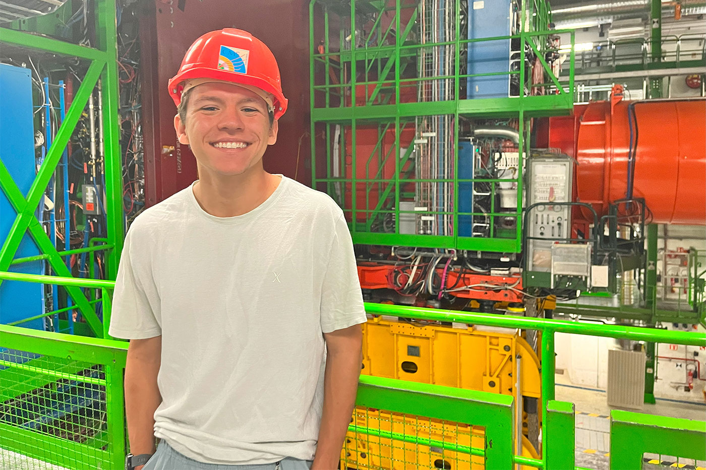 Valdis Slokenbergs stands in the Compact Muon Solenoid detector cavern at CERN.