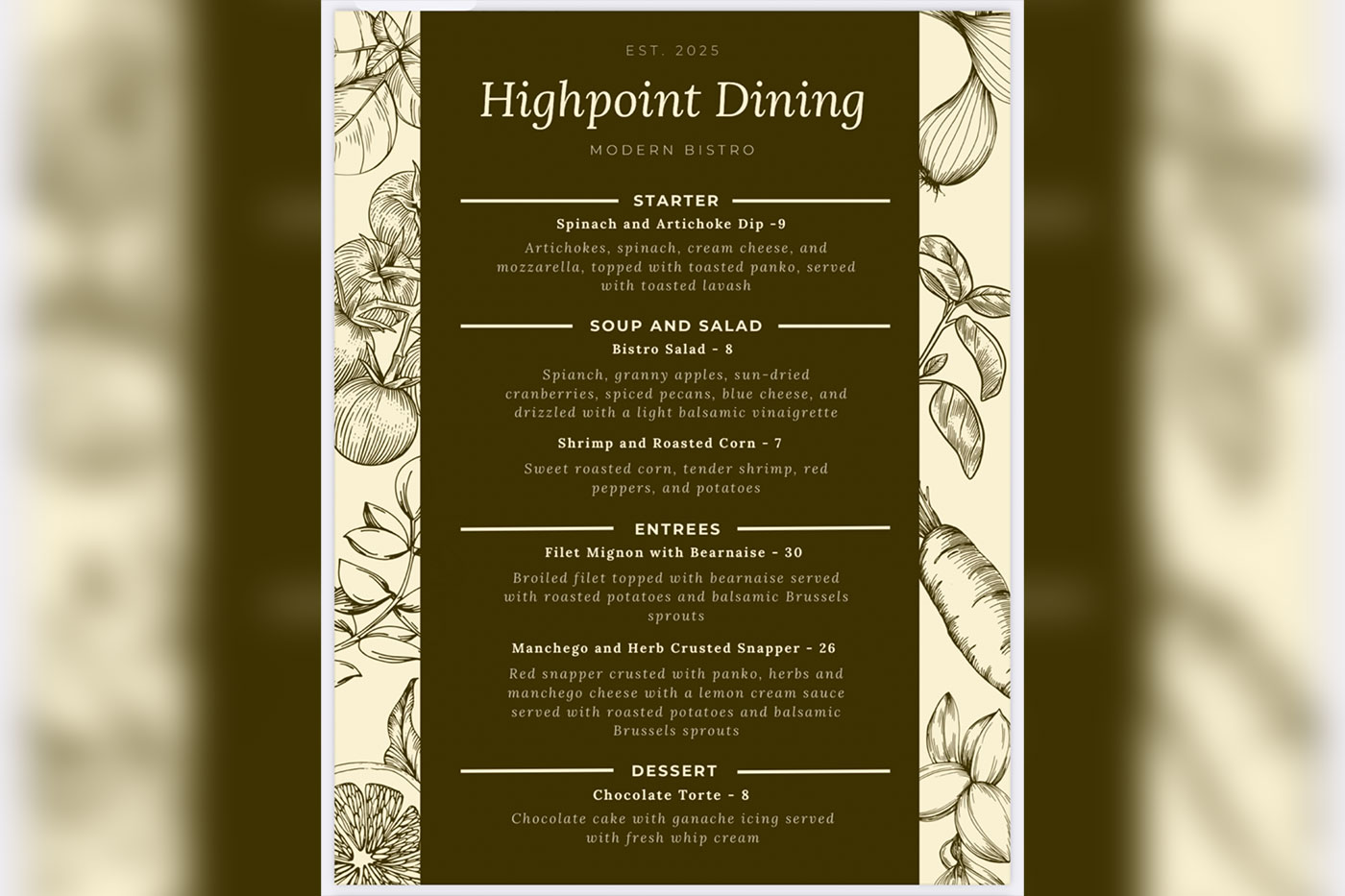 Shea's Bistro Menu