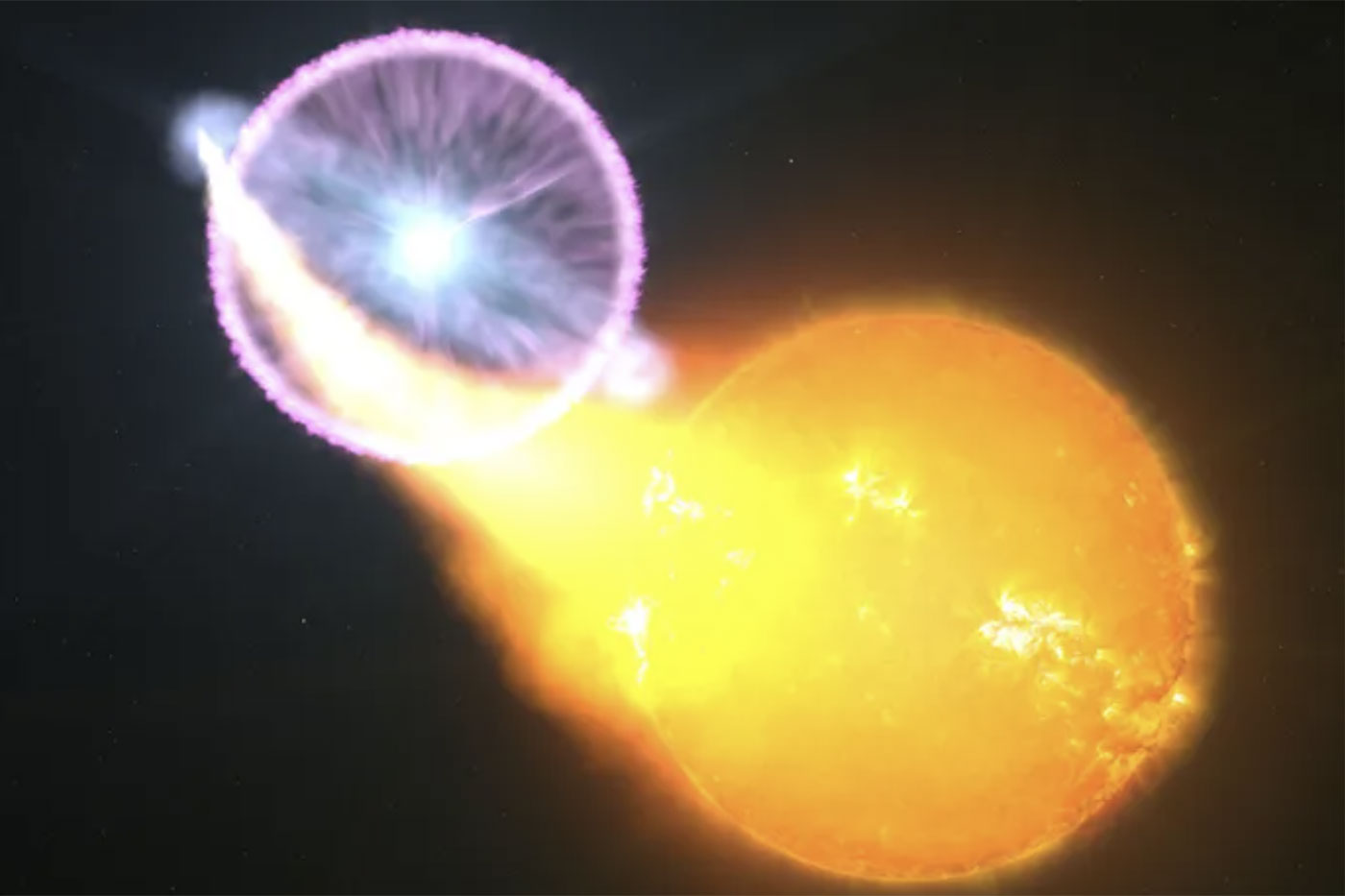 A nova is a thermonuclear explosion on a white dwarf star (left, in this illustration) that steals gas from a nearby star (right). 