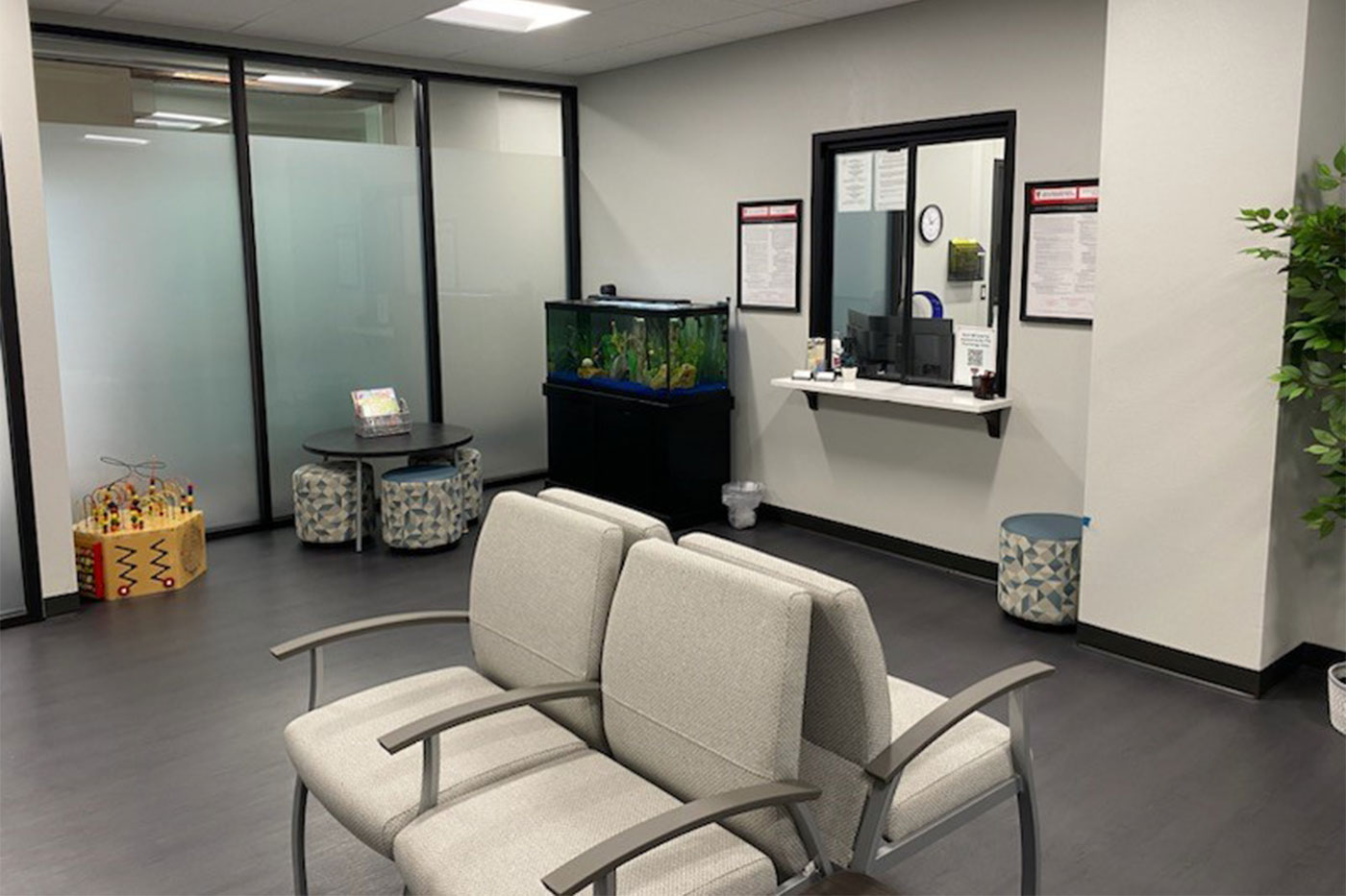 Psychology clinic lobby with check-in window