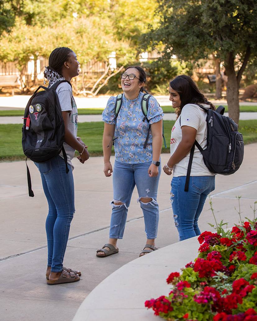 Students standing together, talking on campus.